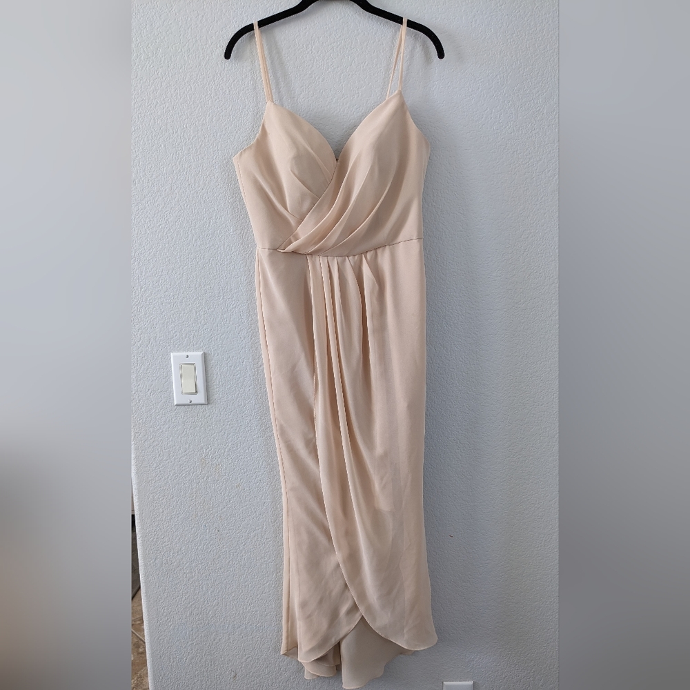 AW Bridal Tulip High Low Spaghetti Strap Bridesmaid Prom Dress, Nude, Tan, 10